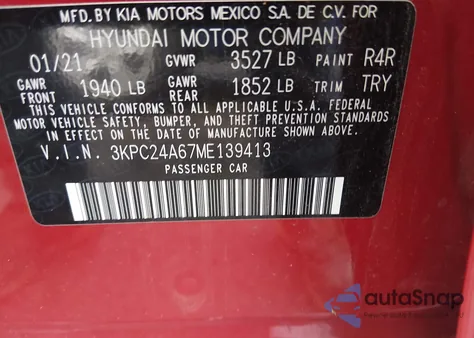 2021 Hyundai Accent Se from USA, damaged, VIN 3KPC24A67ME139413